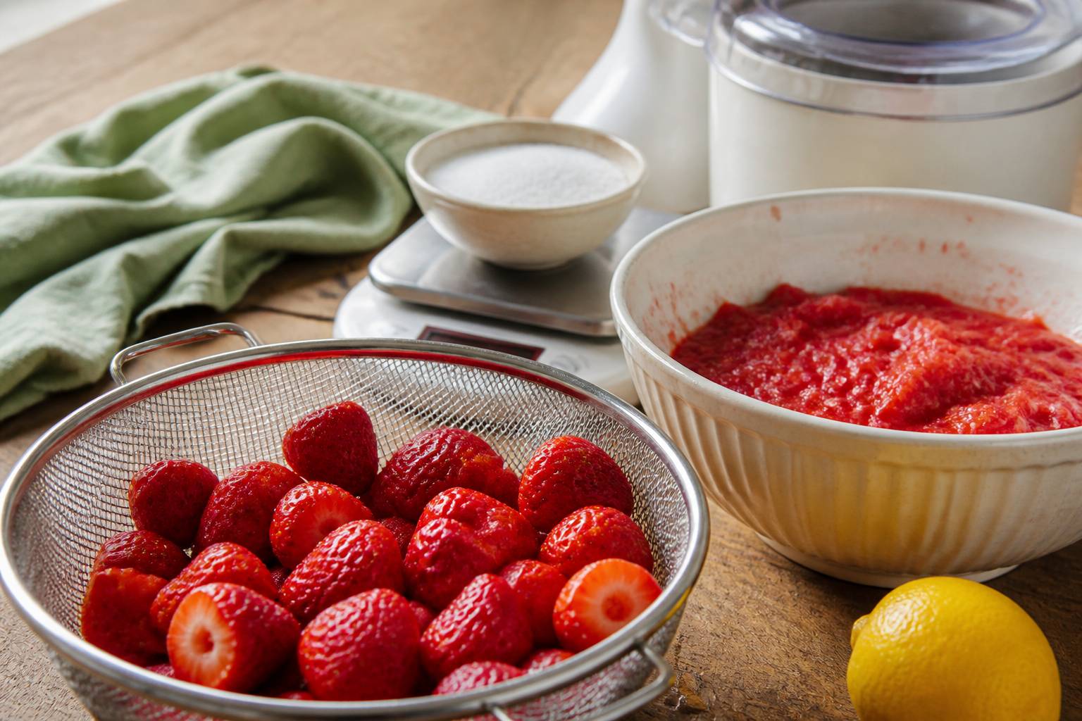 Fraises rouges équeutées, purée de fraises et sucre sur un plan de travail pour préparer un sorbet maison