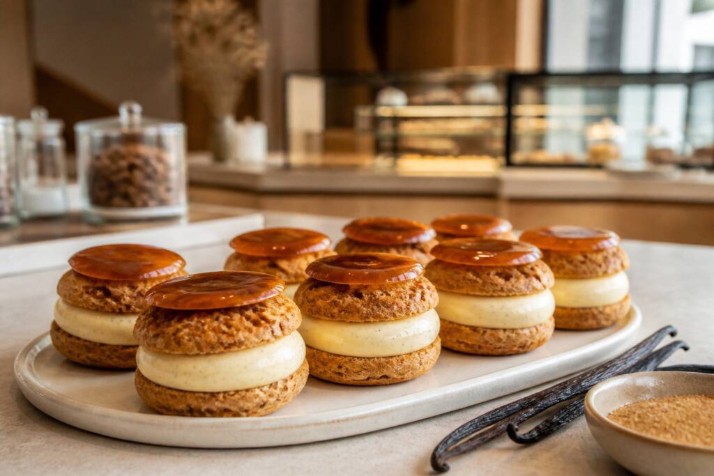 Puits d'amour garnis de crème vanillée avec dessus caramélisé