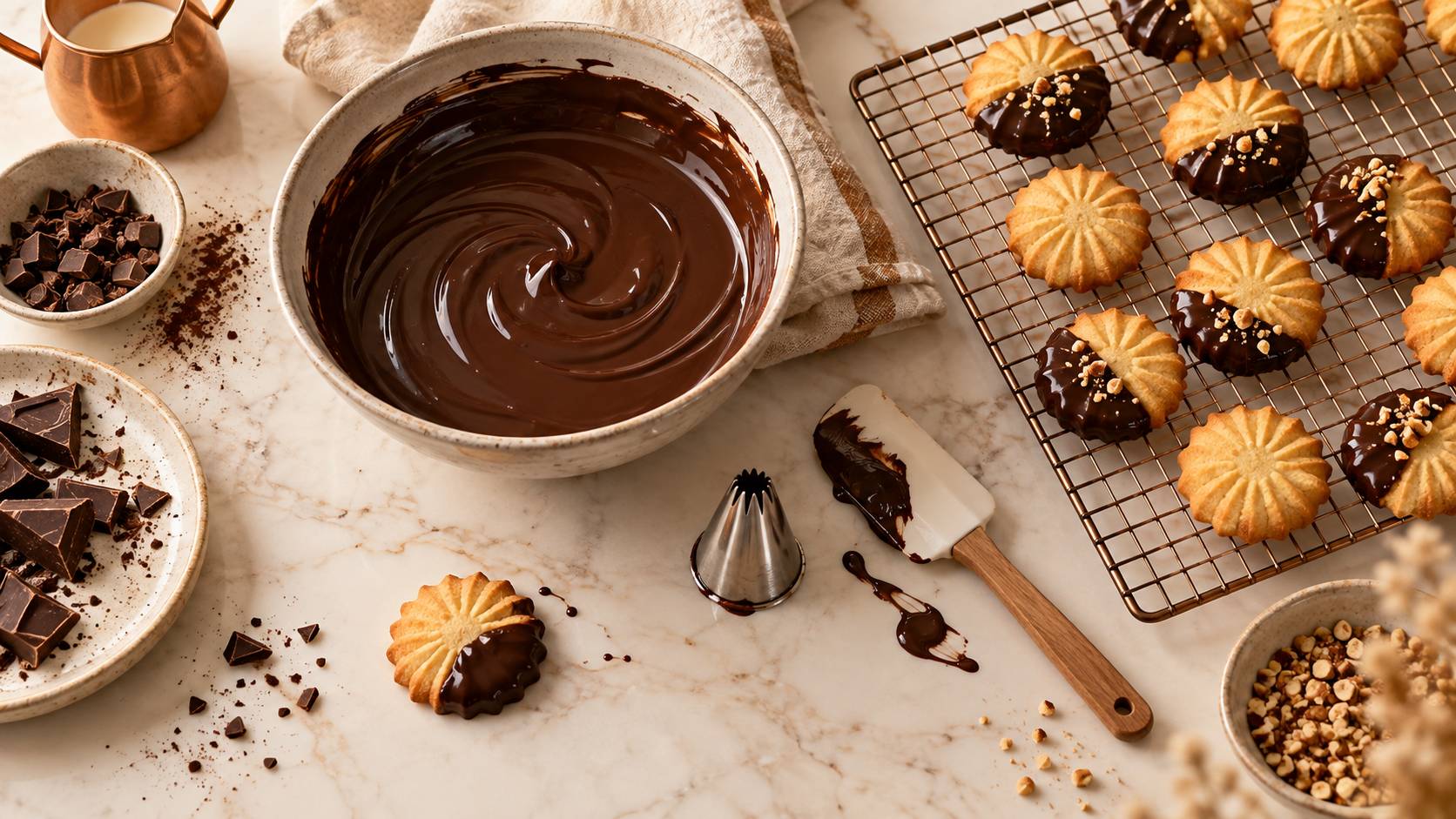 Biscuits sables, douille cannelée et bol de chocolat fondu sur une grille