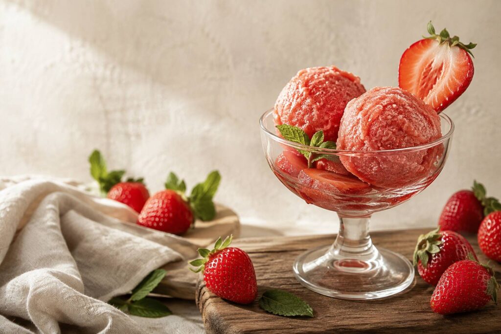 Deux boules de sorbet à la fraise maison dans une coupe en verre entourées de fraises fraîches et de menthe