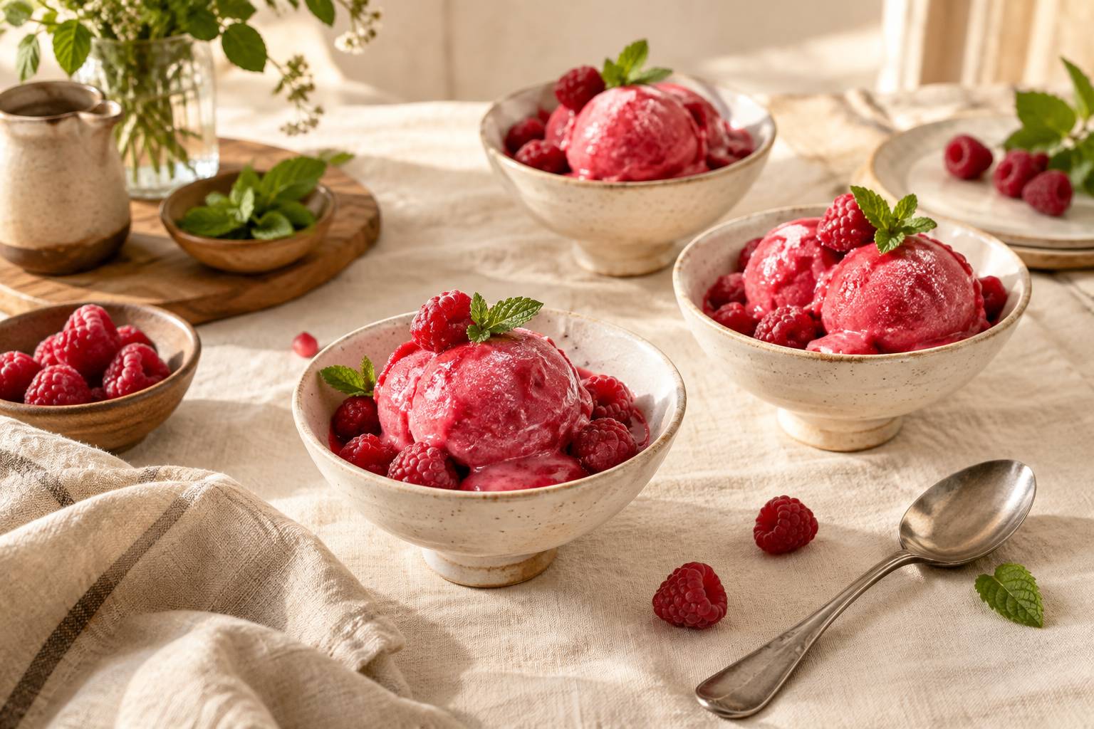 Coupes de sorbet a la framboise garnies de fruits frais et menthe