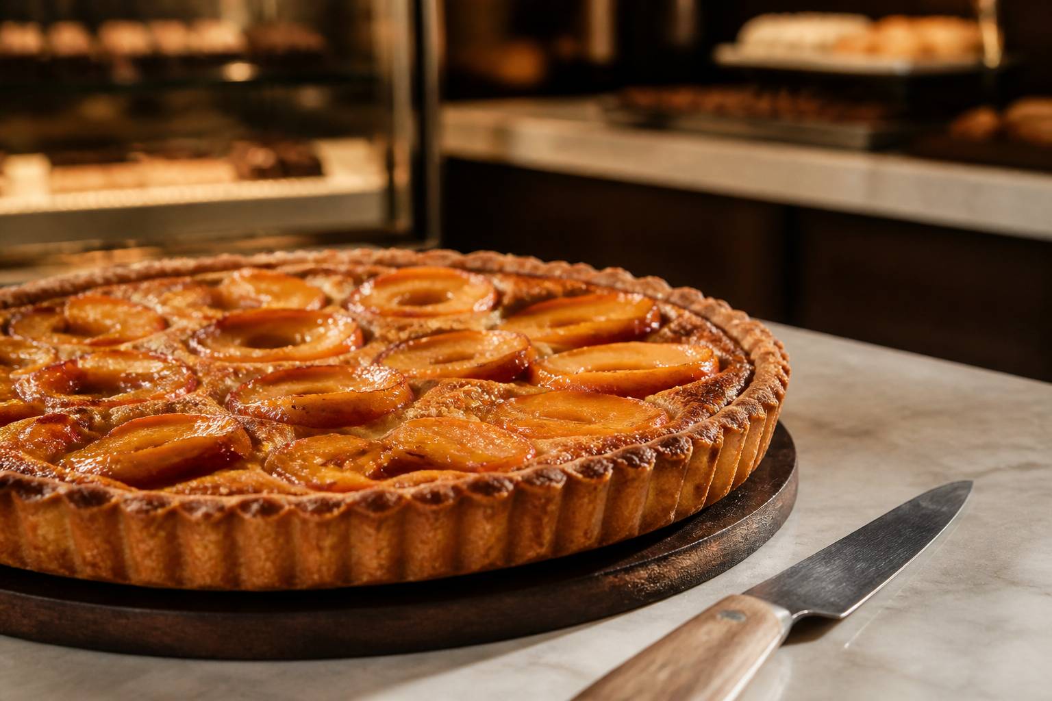 Tarte aux pêches avec crème d'amandes et demi-pêches