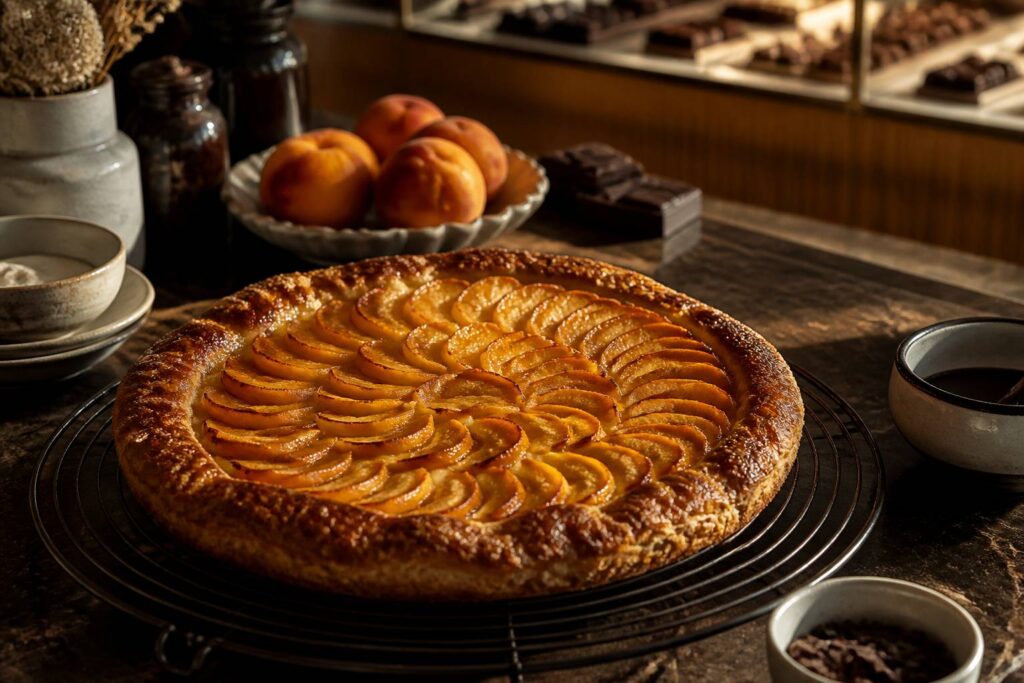 Tarte aux pêches dorée sortie du four sur une grille