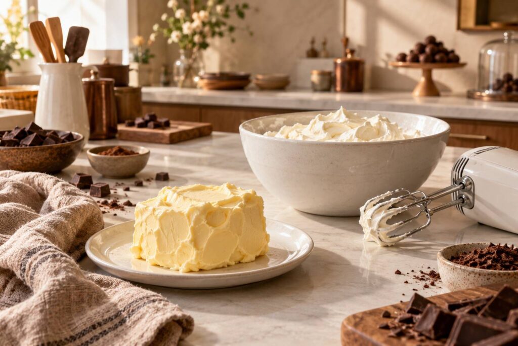 Motte de beurre maison et saladier de creme fouettee sur une table