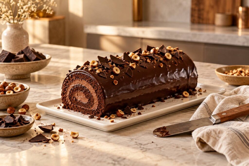 Bûche roulée au chocolat nappée de ganache sur un plat de pâtisserie