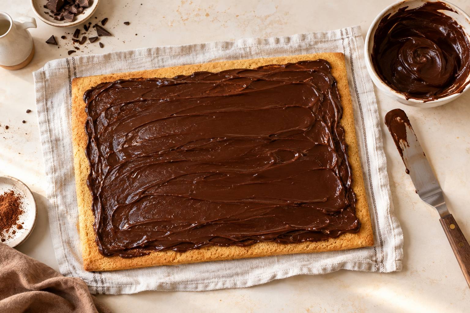 Biscuit étalé sur un torchon avec ganache au chocolat avant roulage