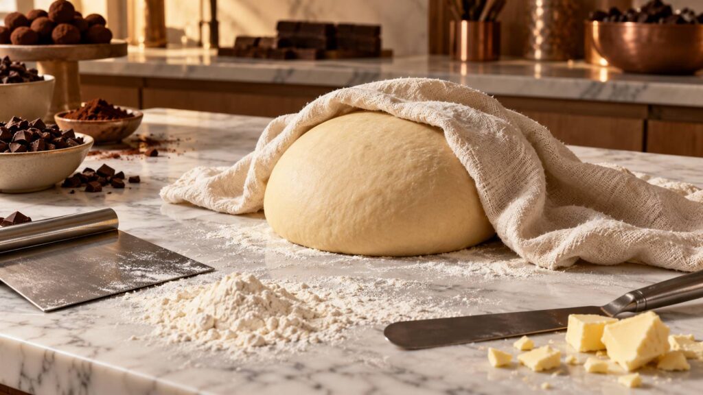 Boule de pâte reposant sous un torchon de lin sur un marbre avec corne et farine