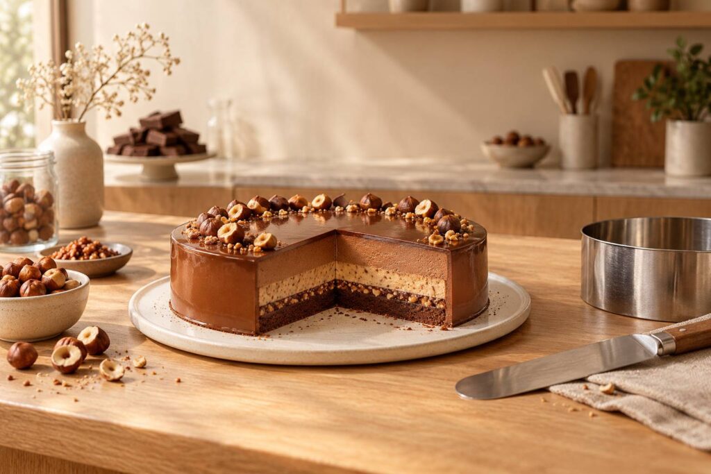 Entremets fondant aux noisettes et au chocolat au lait dresse sur un plat clair
