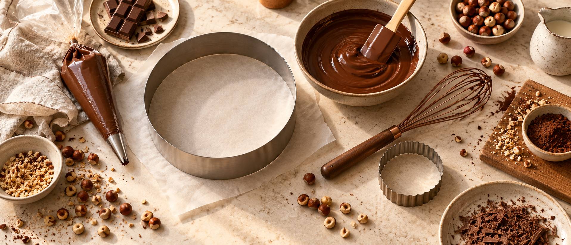 Plan de travail de patisserie avec cercle a entremets, noisettes et chocolat fondu