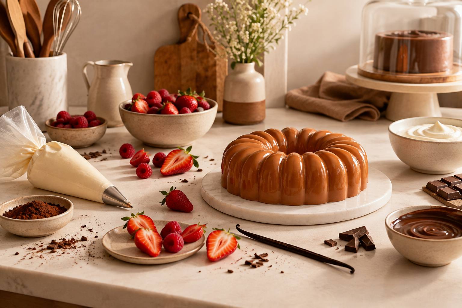 Moule, poche a douille et fruits rouges sur un plan de patisserie