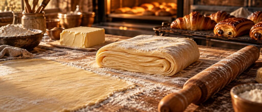 Pâte feuilletée, beurre manié et rouleau sur un plan de pâtisserie fariné