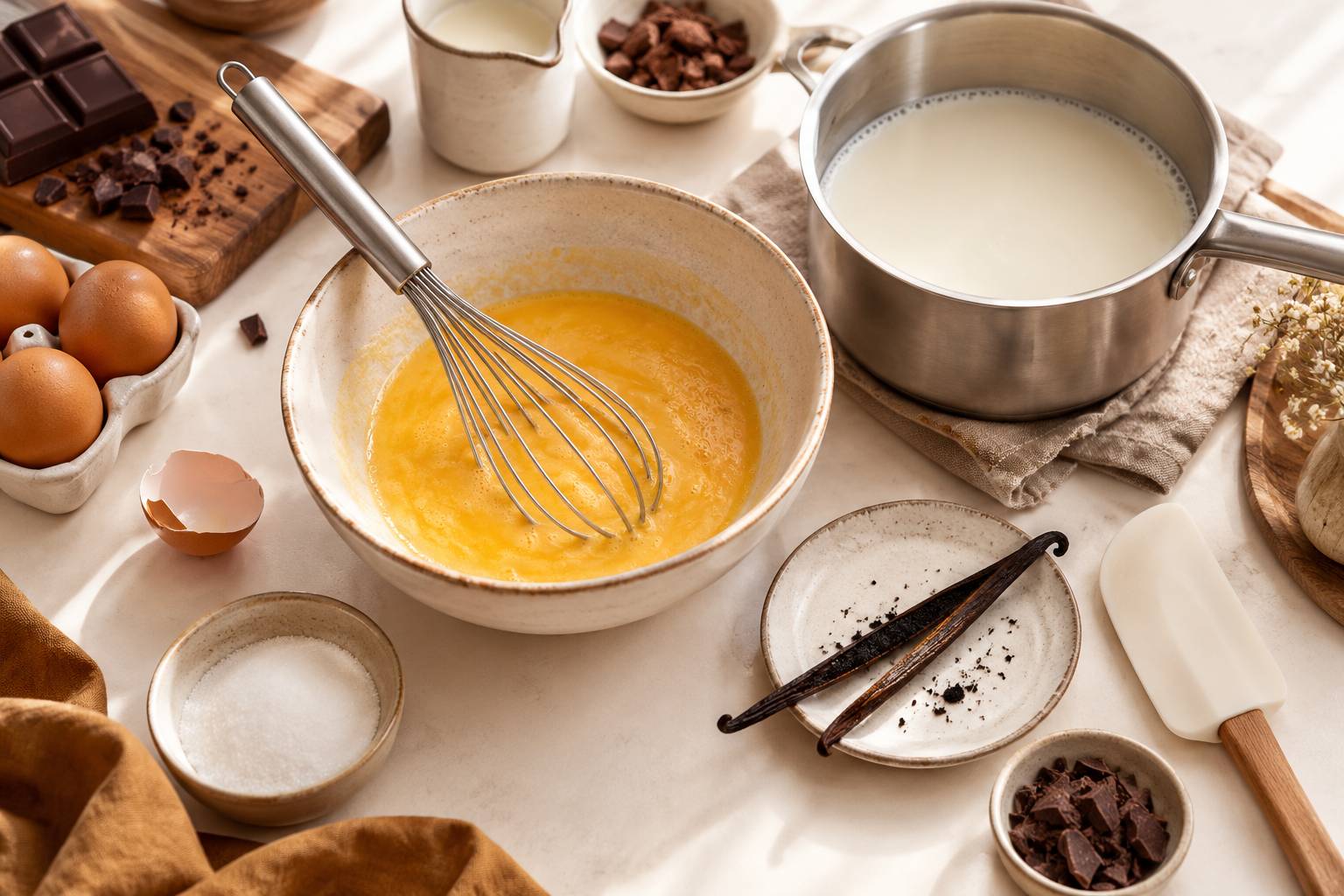 Bol de jaunes d'œufs battus au fouet près d'une casserole de lait