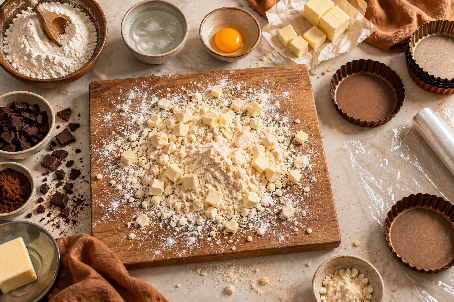 Preparation sableuse de farine et beurre froids pour pate brisee