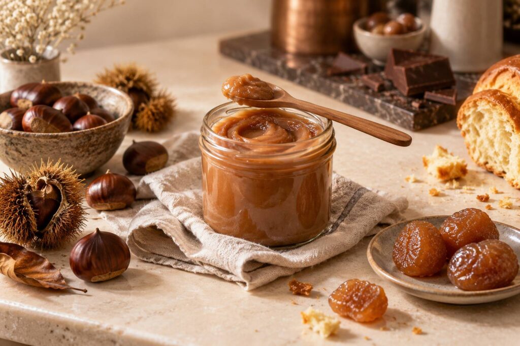 Pate de marron dans un bocal avec cuillere en bois et marrons frais
