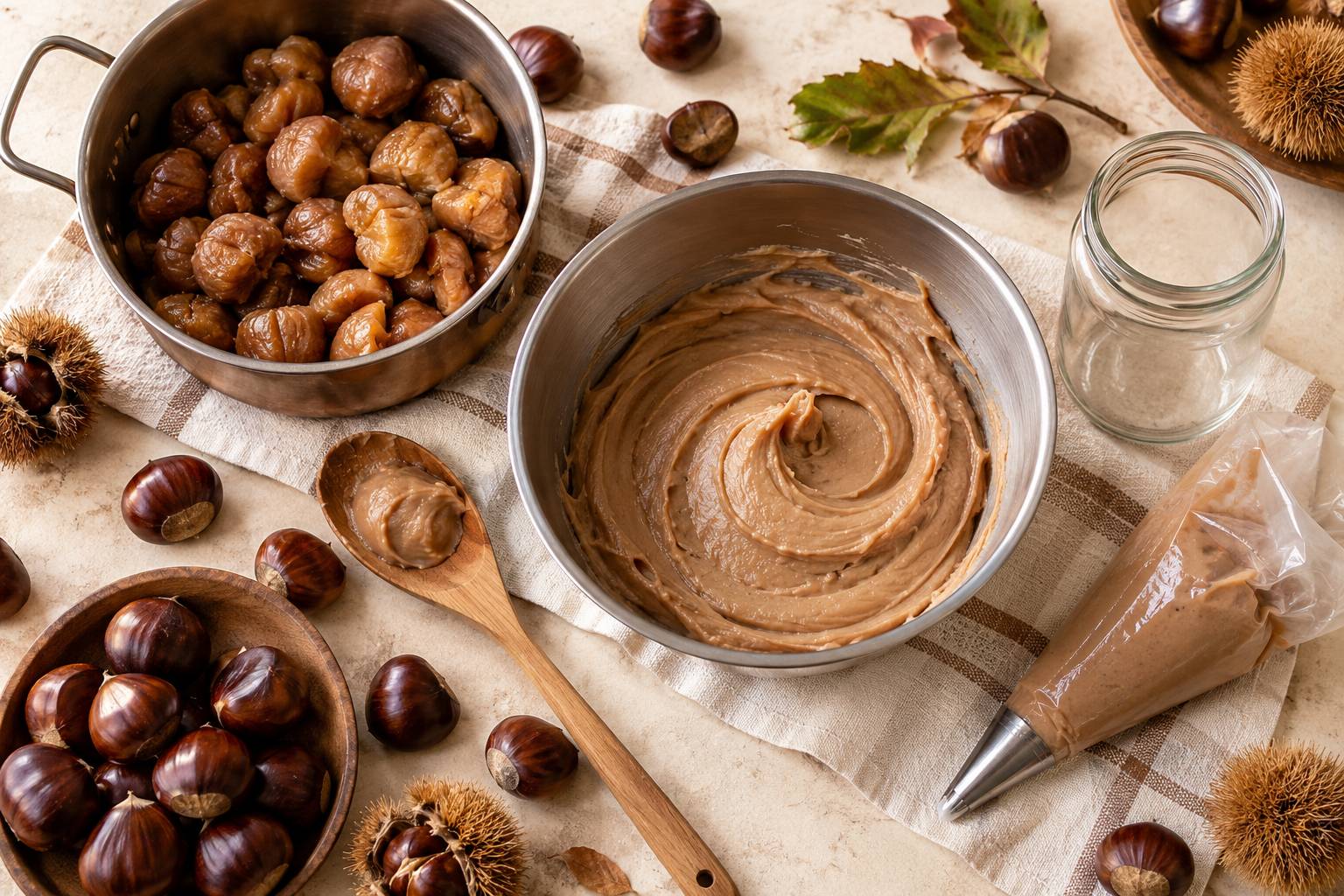 Chataignes cuites, bocal et cuillere en bois sur un plan de cuisine
