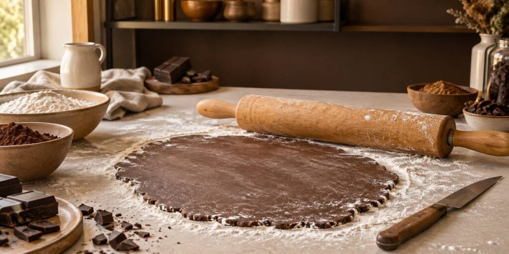 Pâte abaissée au rouleau avec farine sur un plan de pâtisserie