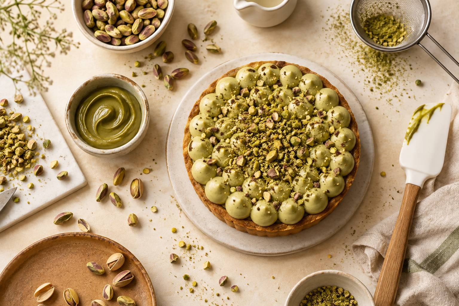 Pistaches crues et pate de pistache verte sur un plan de patisserie