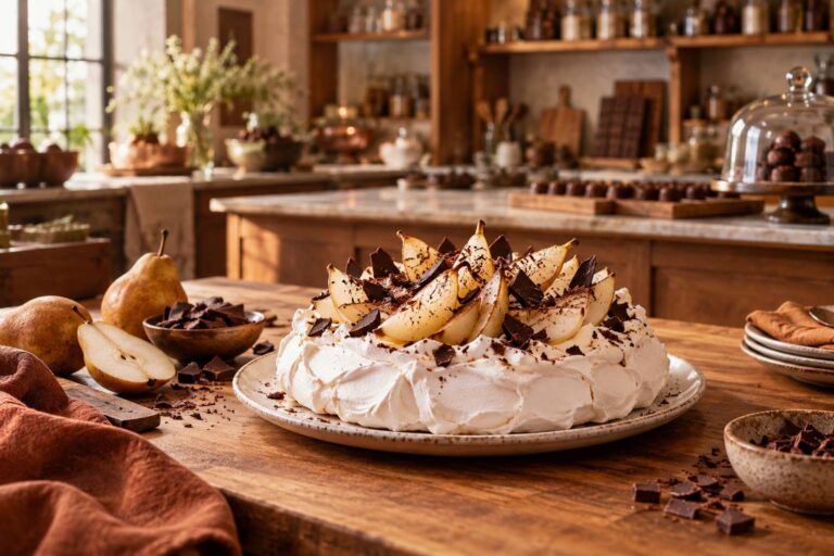 Pavlova gourmande aux poires juteuses et éclats de chocolat fondant