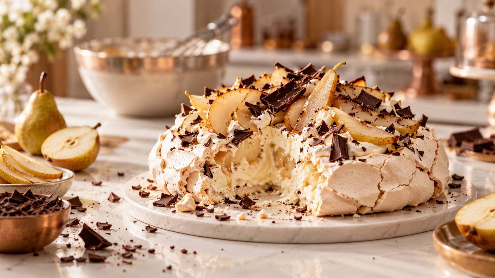 Pavlova ouverte au cœur crémeux avec poires tranchées et copeaux de chocolat