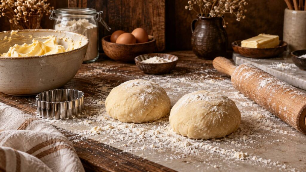 Boules de pâte sablée et sucrée avec rouleau et emporte-pièce sur un plan de pâtisserie
