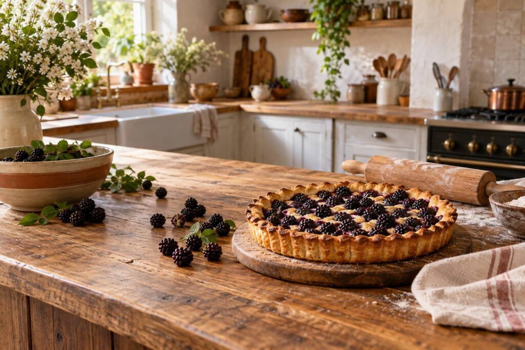 Tarte aux mûres dorée sur un plan de travail en bois avec fruits frais