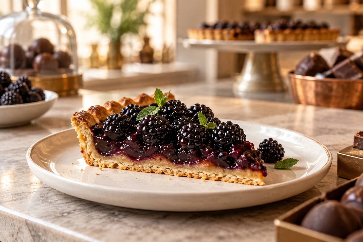 Part de tarte aux mûres garnie de fruits entiers sur une assiette en céramique