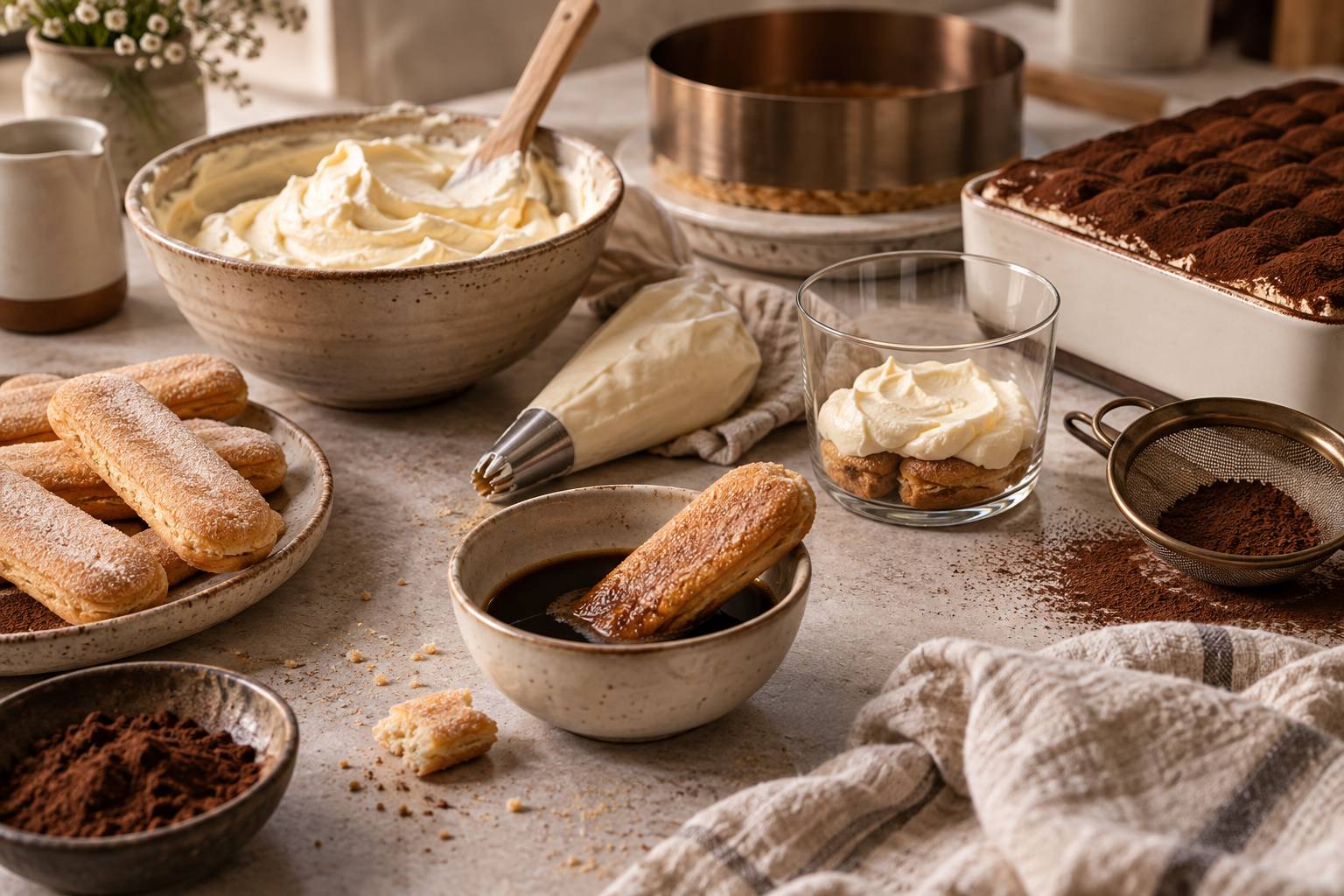 Montage du tiramisu avec biscuits cuillère, espresso et mascarpone